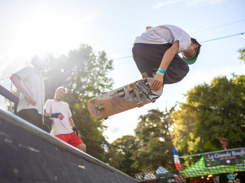 A boy skateboards on a ramp at Gone Wild festival